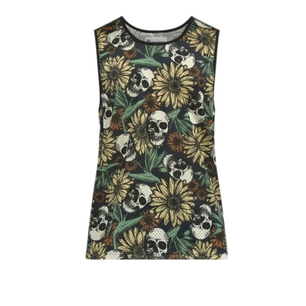 No Boundaries Mens M Floral Skull Print Mesh Tank Top Sunflowers